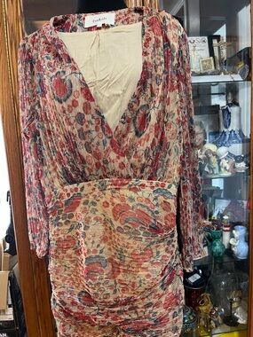 ba&sh Red and Blue Floral Pleated V-Neck Dress on Cream